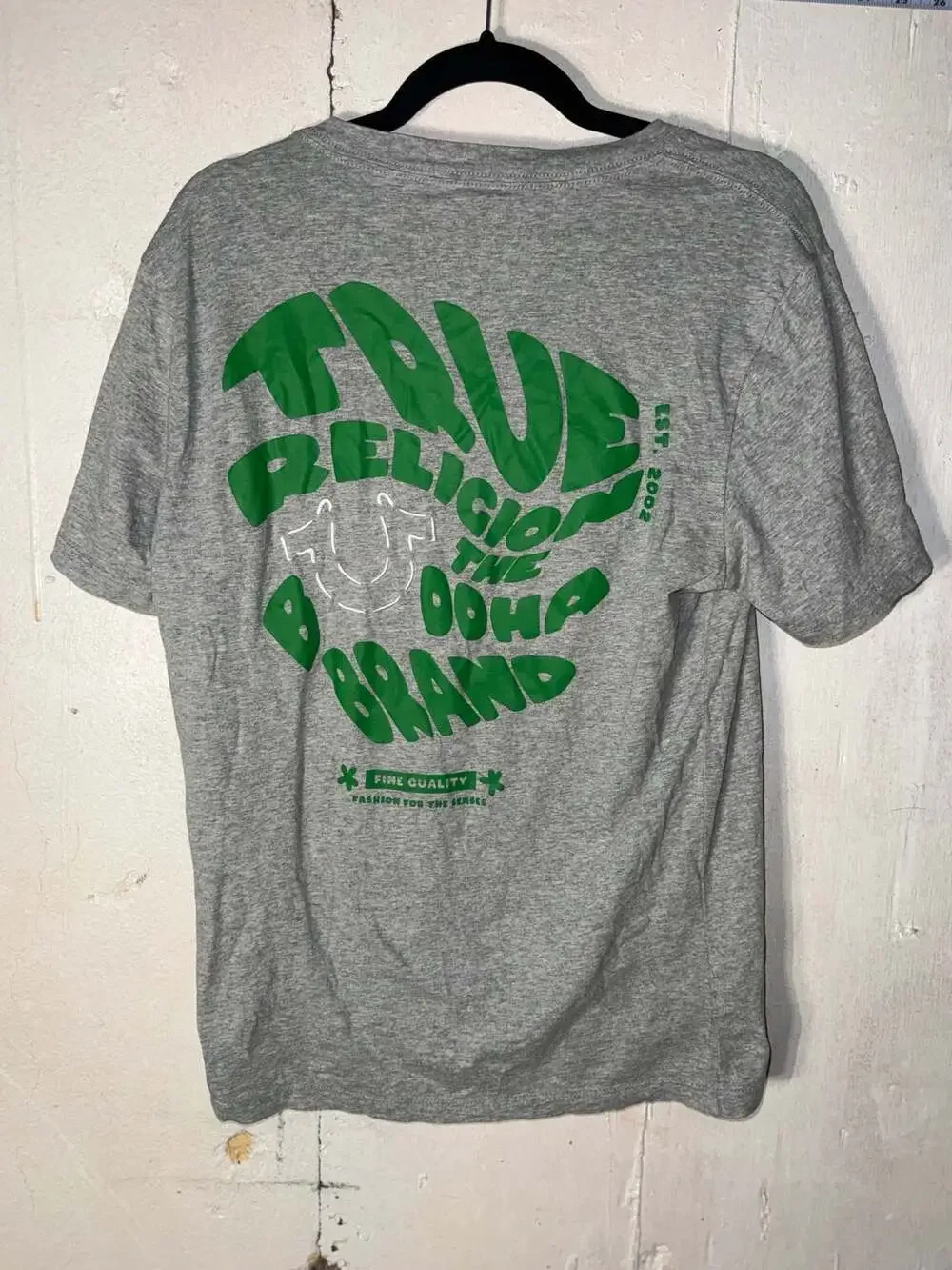 True Religion Men's Heather Grey Green Logo The Buddha Brand Graphic T-Shirt